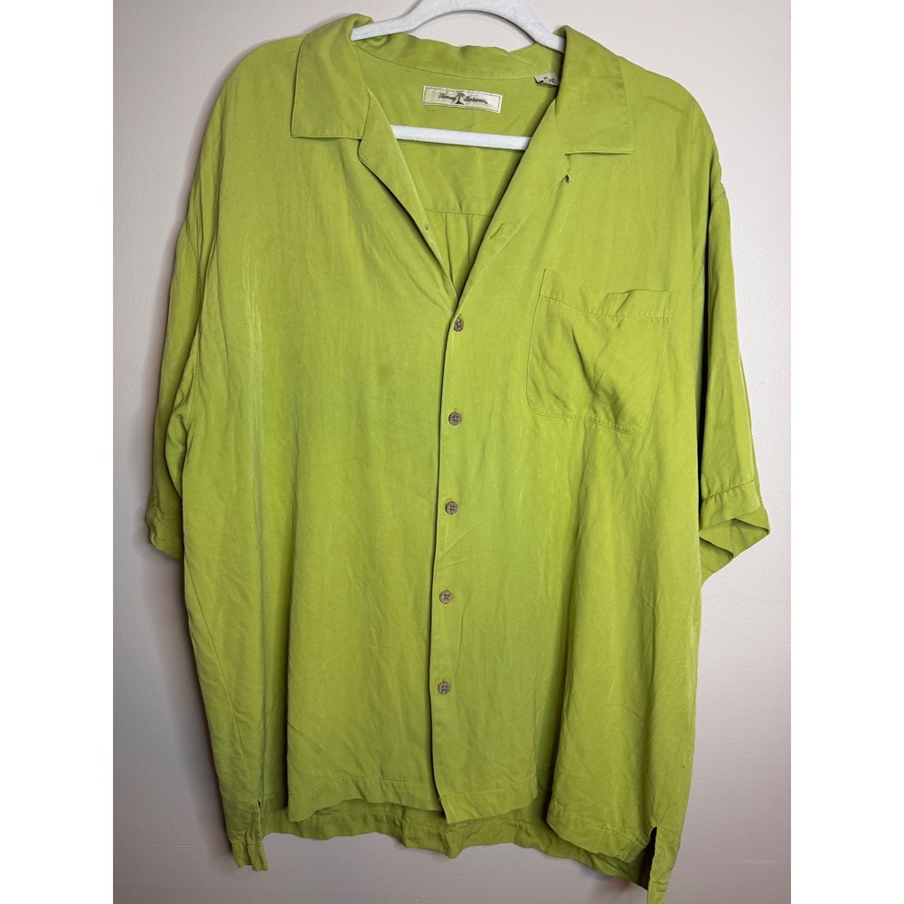 Tommy Bahama Mens XL Lime Green Silk Camp Shirt Short Sleeve Button Up